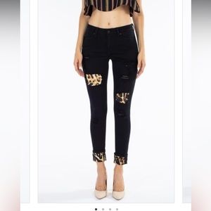 KanCan Mid Rise Leopard Patched Ankle Skinny